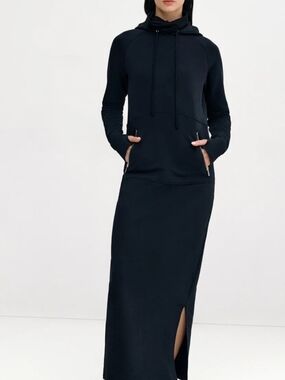 Women's Black Hoodie Maxi Dress with Side Slit